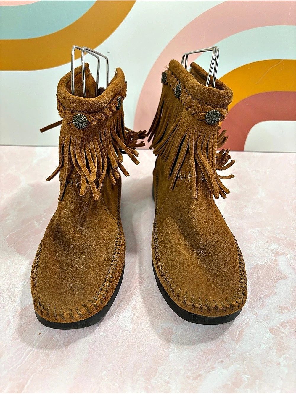 Minnetonka Thunderbird Double Fringe Bootie US 6 Brown